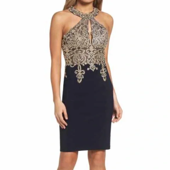 Xscape navy gold dress size 2